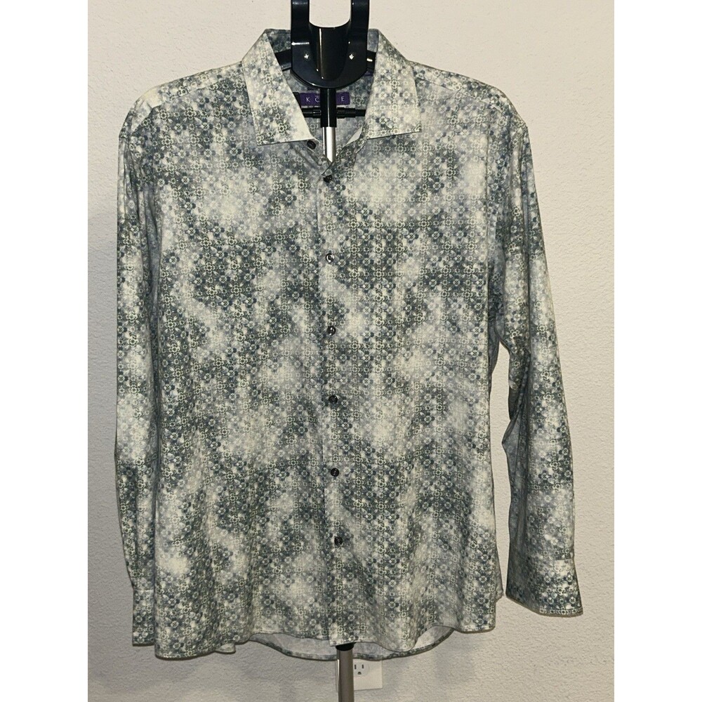 KOLTE Mens XL 17 1/2 Stretch Button Up Shirt Blue Green Watercolor Floral Geo